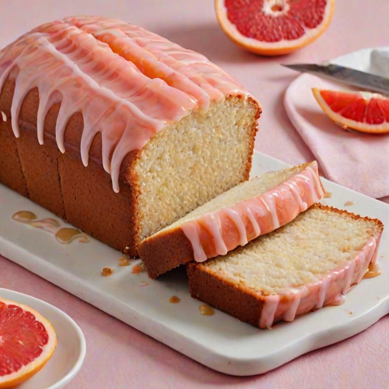 Generate an image of a loaf cake with a light glaze drizzled on top. The cake should be decorated with slices of pink grapefruit arranged neatly on the surface. The scene should have a clean and bright aesthetic, with a simple background to emphasize the cake. Include a small serving knife beside the loaf.