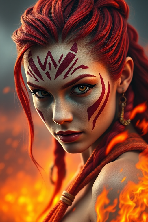 Create a highly detailed digital painting of a fierce warrior woman with red hair and tribal markings, surrounded by a fiery orange and blue background, shot with a Canon EOS R5 at f/1.8, ISO 100, 50mm lens, in portrait orientation using a cinematic style.