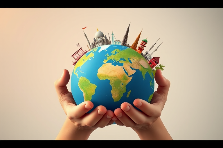 Create an illustration of a globe held by hands, featuring iconic landmarks from various cultures such as a mosque, pagoda, and cathedral, with a smooth gradient background and soft shadows, captured with a DSLR camera at f/8, ISO 200, 50mm lens, using a high dynamic range style.