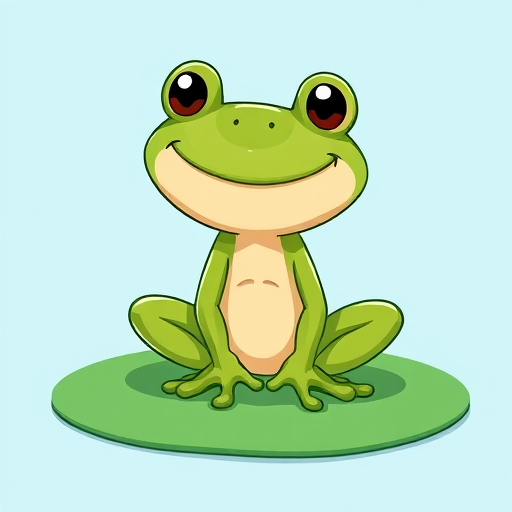 create a cartoon-style illustration of a smiling green frog sitting on a lily pad, background should be a solid light blue, use a DSLR camera with a 50mm lens, aperture set to f/2.8, ISO 100, focus on the frog, high saturation for vibrant colors