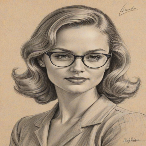 Elegant Fiona Gubelmann, pencil sketch, portrait of Fetching woman 1940s in glasses, hair style beatnik, outline, clear lines, fine lines, 8k