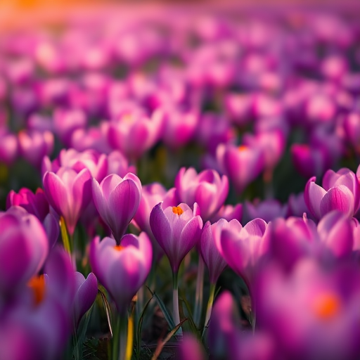 a vibrant field of purple crocuses in soft focus during golden hour, captured with a Canon EOS R5, 50mm lens, aperture f/1.8, ISO 100, shallow depth of field, warm lighting for enhanced detail and texture.
