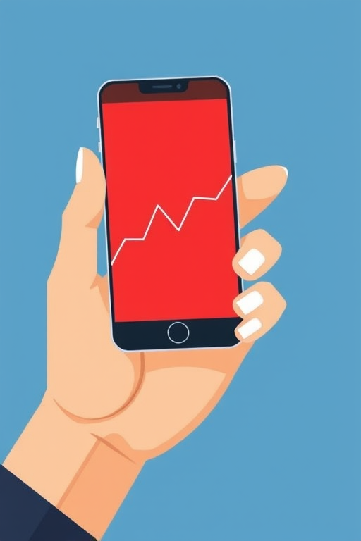 Create an illustration of a hand holding a smartphone displaying a red graph with fluctuating lines and a finger touching the screen, using a minimalistic style, captured with a 50mm lens at f/1.8 for a shallow depth of field, with soft daylight lighting and a clean blue background.
