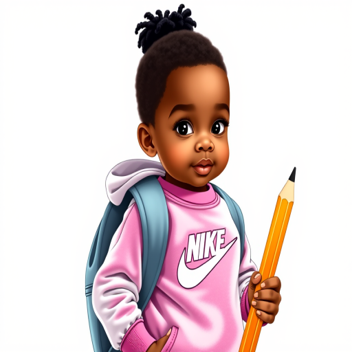 VECTOR GLOSSY STICKER OF A BEAUTIFUL AFRICAN AMERICAN TODDLER DRESSED IN CUTE NIKE VELOUR SWEATSUIT WEARING A BACKPACK HOLDING A GIANT PENCIL the background is completely white with a  gloss effect
