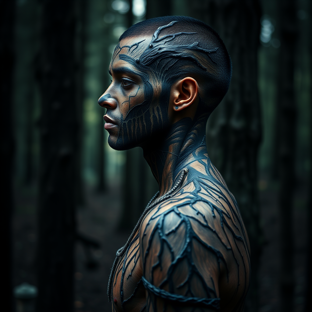 Create a hyper-realistic image of a person with intricate body paint resembling tree bark and roots, using a Canon EOS R5 with a 50mm f/1.2 lens, aperture set to f/2.8, ISO 100, and a soft focus background, capturing the subject in a dramatic side profile against a textured dark forest backdrop.