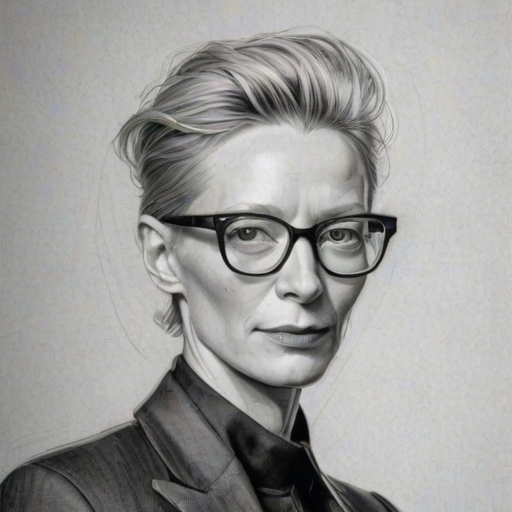 Graceful Tilda Swinton, pencil sketch, portrait of Lovely woman 1972s in glasses, hair style beatnik, outline, clear lines, fine lines, 8k