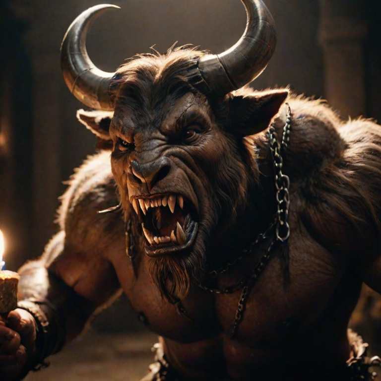 furry, close-up, minotaur, angry, yelling, teeth, chained, dungeon, dark, low light, candles, depth of field, highly detailed, high contrast, film grain, Rim Lighting, Rays of Shimmering Light