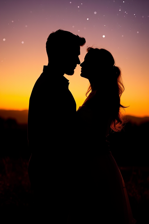 Create a romantic silhouette of a couple embracing at sunset, with a starry sky above, using a Canon EOS R5, 50mm lens, f/1.8 aperture, ISO 200, shutter speed 1/100 sec, taken from a low angle to enhance the backlighting effect and highlight their features.