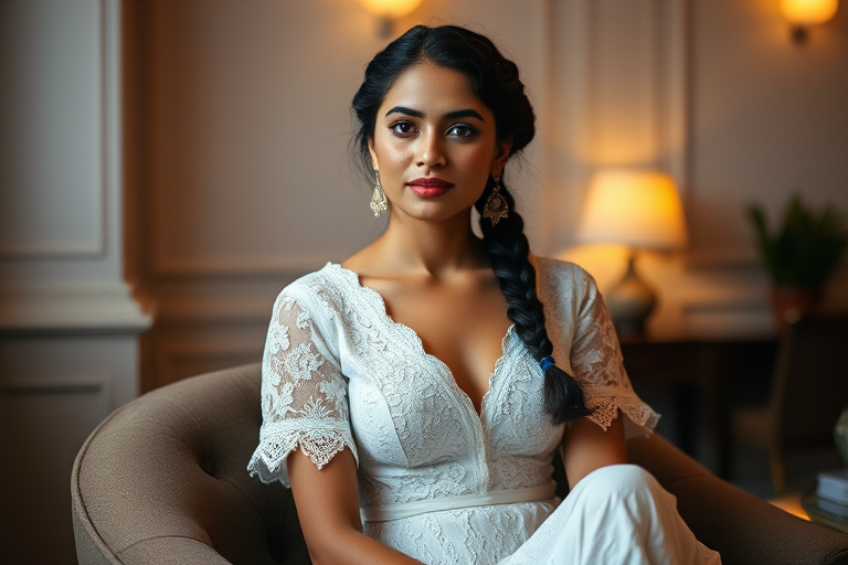Create a portrait of a refined and elegant Nepali woman seated in a sophisticated setting. She has long, wavy hair styled in two thick braids that are pulled over her shoulders. She wears a white, lace gown with intricate patterns, featuring a deep V-neckline and short sleeves. The dress exudes a vintage charm with its delicate lacework. She is adorned with ornate, dangling earrings that add a touch of glamour to her appearance. The background is softly lit, with warm, ambient lighting that creates a cozy and inviting atmosphere. Her expression is poised and serene, capturing a sense of grace and elegance.