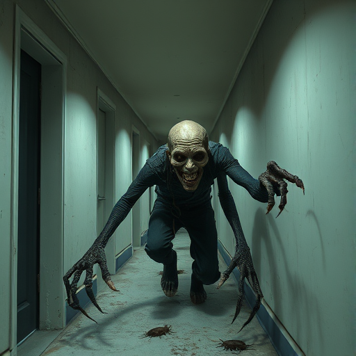 a crooked male with long arms and a creepy smile is crawling along a long white corridor and you can also see cockroaches in it there is a creepy atmosphere creepy art style