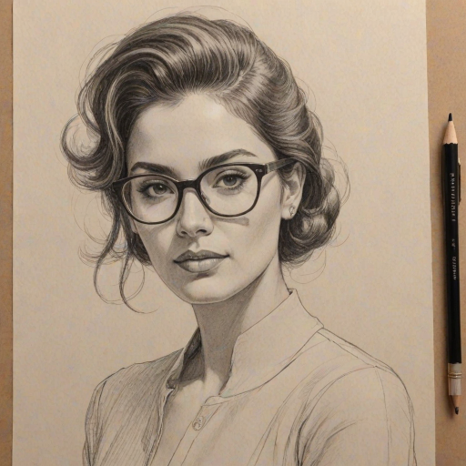 Magnificent Isabela Merced, pencil sketch, portrait of Radiant woman 1963s in glasses, hair style beatnik, outline, clear lines, fine lines, 8k