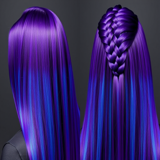 Deep purple hair with electric blue streaks forms the dramatic "Cosmic Fusion" look. The long, straight locks are styled with a glass-like finish, creating a sleek, futuristic appearance. A section of hair is braided tightly against the scalp in an intricate geometric pattern, adding texture and interest to this bold, otherworldly style.
