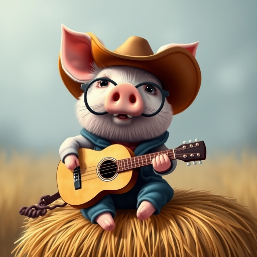 A chibi pig, dressed as a cowboy, playing guitar, sitting on a hay bale