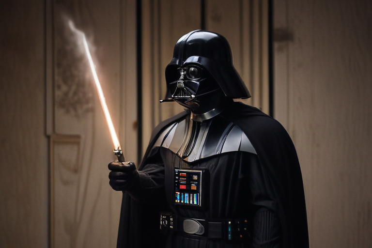 a very opium image about darth vader lighting a blunt in a led room