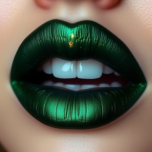 Deep emerald green lips with a metallic sheen, christened "Forest Whisper," offer a bold and mysterious look, complemented by subtle gold leaf accents along the cupid's bow
