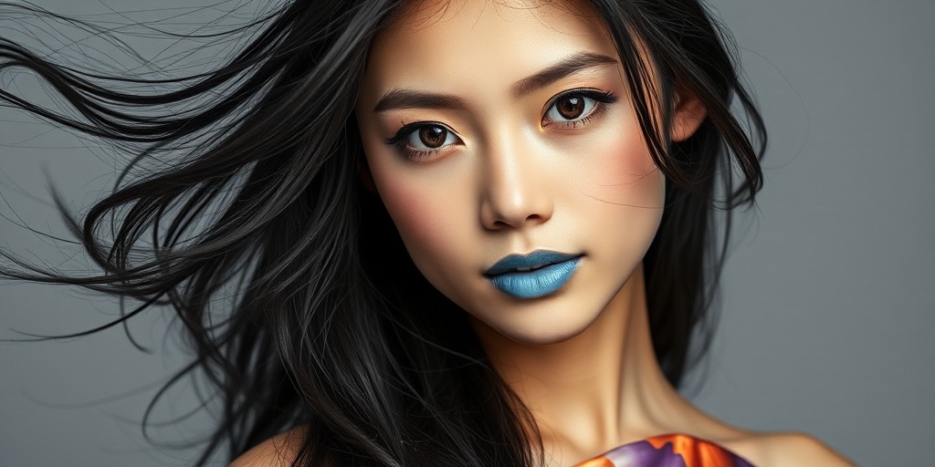 Photographic image of a beautiful young Ryukyuan woman, brown eyes, lips with cyan lipstick, long hair fluttering in the wind and wearing a silk strapless dress with a soft purple and orange print. monochrome image with only color highlights in the iris of the eyes, lipstick and dress. Gray background.