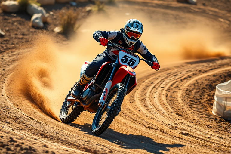 high-speed motocross rider leaning into a turn on a dirt track with dust flying, natural lighting, 50mm lens, f/2.8 aperture, ISO 400, shutter speed 1/1000s, shot with a DSLR camera from a low angle for enhanced depth and motion blur effect