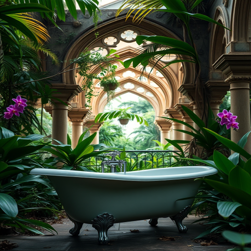 A vintage bathtub in a lush, overgrown tropical setting with intricate architectural arches in the background, surrounded by vibrant orchids and greenery, soft ambient lighting, shot with a Canon EOS R5, 24mm lens, f/2.8 aperture, ISO 100, low angle view, shallow depth of field, cinematic style.