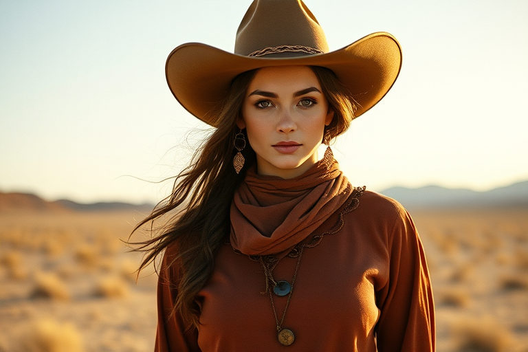 Dramatic photo of a beautiful Circassian woman, classic cowboy attire, confident and free spirit expression, half-length portrait, centered, golden hour desert landscape, warm, diffused light, low angle, medium format film camera, in style of Annie Leibovitz.