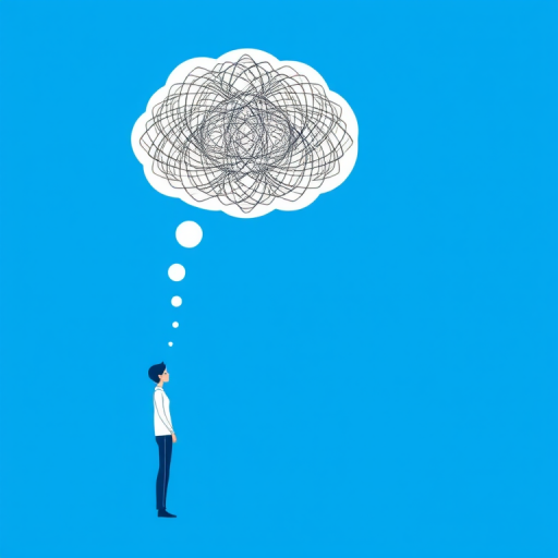 Create a minimalistic illustration of a person standing next to a large head, with a thought bubble connecting to the head filled with chaotic lines, use a flat design style, captured with a digital camera at f/8 aperture, ISO 100, 50mm lens, natural lighting, focus on clean lines and vibrant colors against a solid blue background.