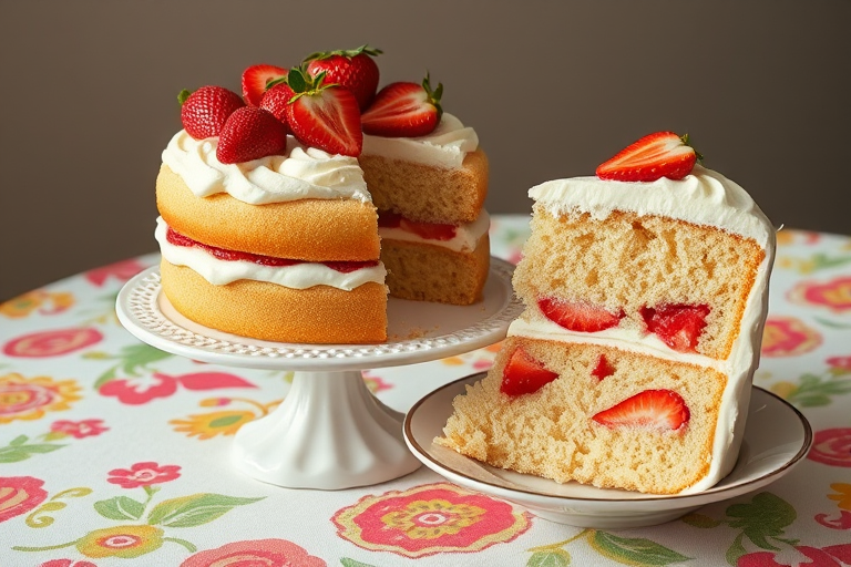 Create an image of a fluffy white cake layered with whipped cream and fresh strawberries on top, served on a decorative cake stand, with a slice of the cake on a plate beside it, showcasing the strawberries inside the cake, set on a colorful patterned tablecloth.