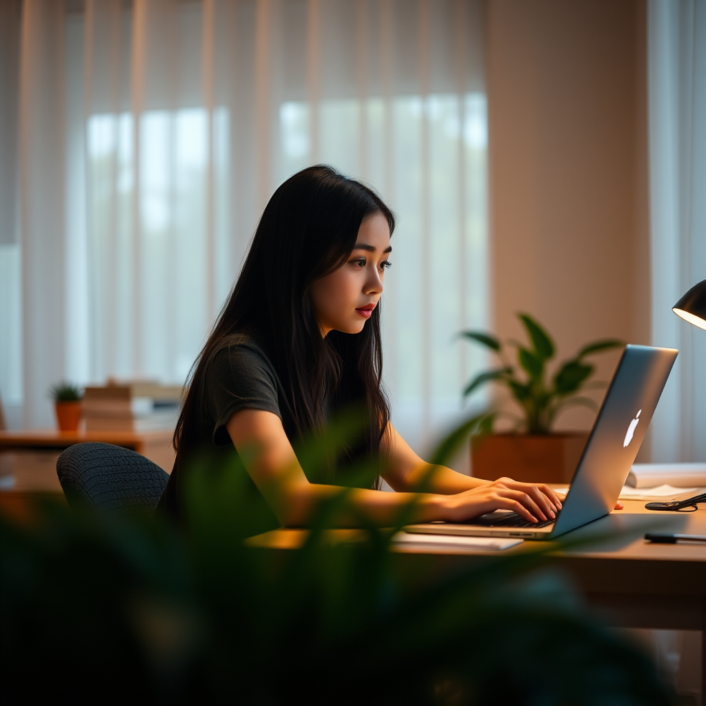 A serene indoor scene featuring a young woman with long dark hair sitting at a desk, focused on her work with a laptop, soft ambient light, plants in the foreground, shot with a Canon EOS R5, 50mm lens, aperture f/1.8, shutter speed 1/125s, ISO 400, in a warm color palette and cinematic style.