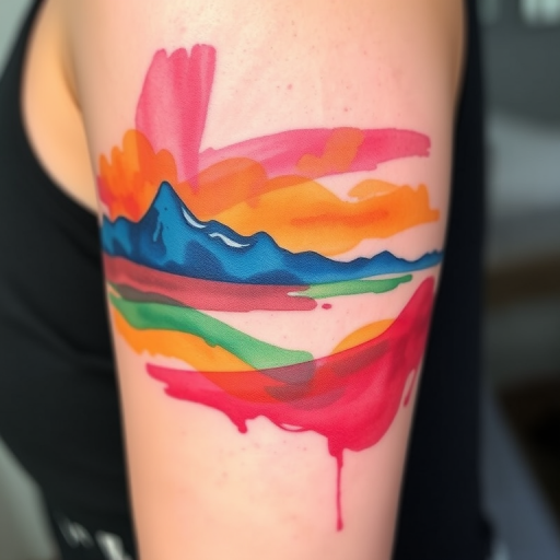 Watercolor brush stroke tattoo called "Impressionist Dream" featuring loose, fluid strokes of vibrant colors blending together to create an abstract landscape inspired by impressionist paintings
