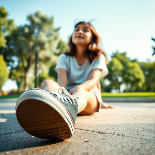 Generate an ultra-realistic, highly detailed, high-definition photograph. It's a photo of a girl sitting on the floor. She's looking at the horizon. The photo is taken from the bottom up, at ground level. The girl's sneakers are in the foreground, in the center of the scene. The girl is wearing light clothes, a t-shirt and short shorts. The sky is blue. Bright environment. The background is a blurred image of a park.