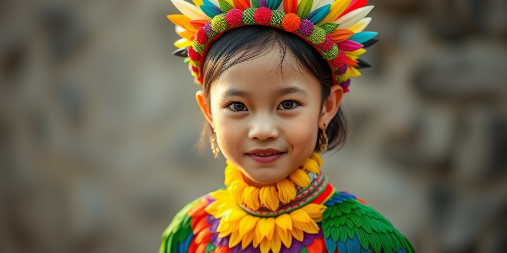 A beautiful Lao girl, wearing colorful bird clothing with vibrant colors
