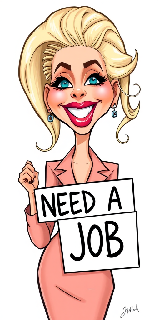 caricature of a smiling Lady Gaga in a Peach dress or suit, holding up a sign that says "NEED A JOB", no watermark,