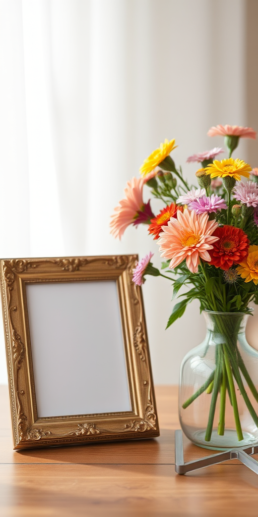 Create a still life image of a decorative frame next to a vase of colorful flowers on a wooden table with a blurred background, using a Canon EOS R5 camera, f/2.8 aperture, ISO 100, 1/60 shutter speed, shot from a 45-degree angle in natural light for enhanced detail and clarity.