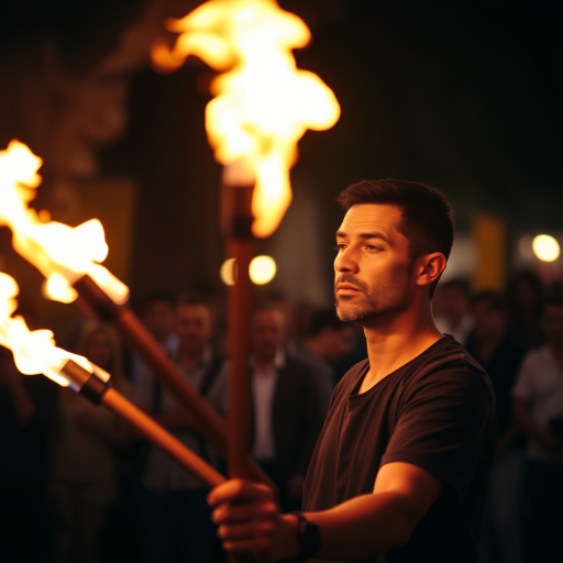 Blurry shot of a street performer juggling flaming torches at night, with soft orange and red light from the flames illuminating his concentrated expression, and a faint crowd in the background.