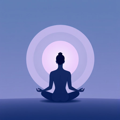 Create a serene illustration of a meditative figure sitting in front of a circular mandala, with smooth gradients of blue and lavender, high resolution 300 DPI, shot with a Canon EOS R5, 35mm lens, f/4 aperture, soft focus effect to enhance tranquility.