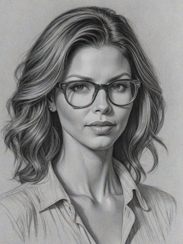 Dazzling Charisma Carpenter, pencil sketch, portrait of Fascinating woman 1924s in glasses, hair style beatnik, outline, clear lines, fine lines, 8k