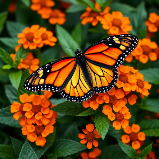 Generate an image of a vibrant monarch butterfly perched on bright orange flowers surrounded by lush green leaves, capturing the details of the butterfly's striking black and orange patterns and the texture of the flowers and foliage.