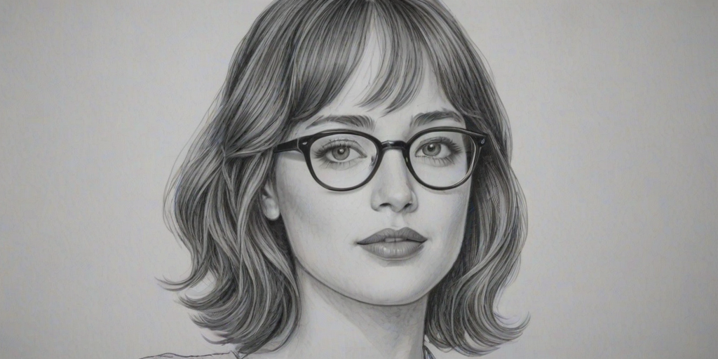 Alluring Dakota Johnson, pencil sketch, portrait of Wonderful woman 1951s in glasses, hair style beatnik, outline, clear lines, fine lines, 8k