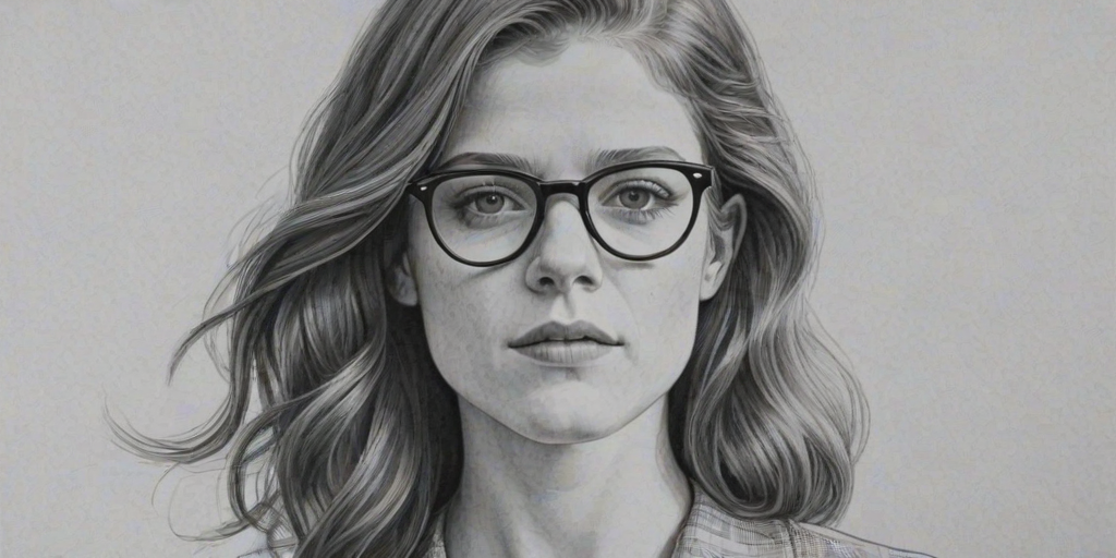 Gorgeous Rose Leslie, pencil sketch, portrait of Enchanting woman 1946s in glasses, hair style beatnik, outline, clear lines, fine lines, 8k