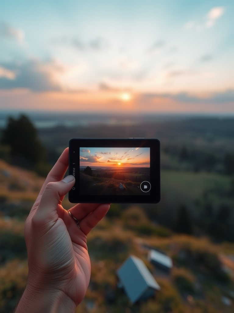 Create a high-resolution image of a scenic landscape at sunset, using a DSLR camera, 50mm lens, aperture f/8, ISO 100, soft focus background, golden hour lighting, and a wide-angle view.