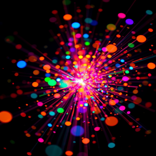Create a vibrant explosion of colorful light particles on a black background, captured with a Canon EOS R5, 24mm f/1.4 lens, ISO 100, f/2.8, 1/60s, using a macro photography style to enhance detail and depth in the image while focusing on luminosity and contrast.