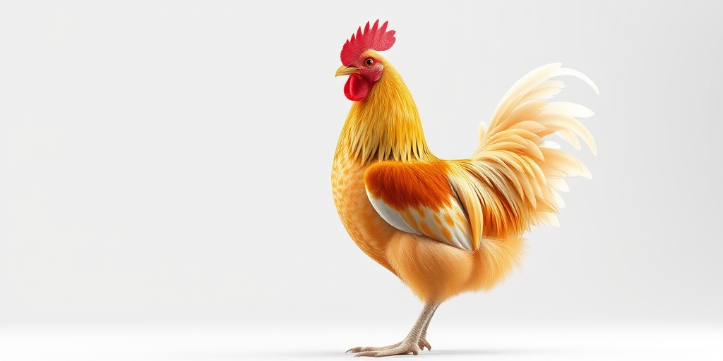 A realistic 3D rendering of a chicken standing proudly, with detailed feathers and a vibrant color palette, using a DSLR camera at f/2.8, ISO 100, 50mm lens, side view, soft focus background for depth.