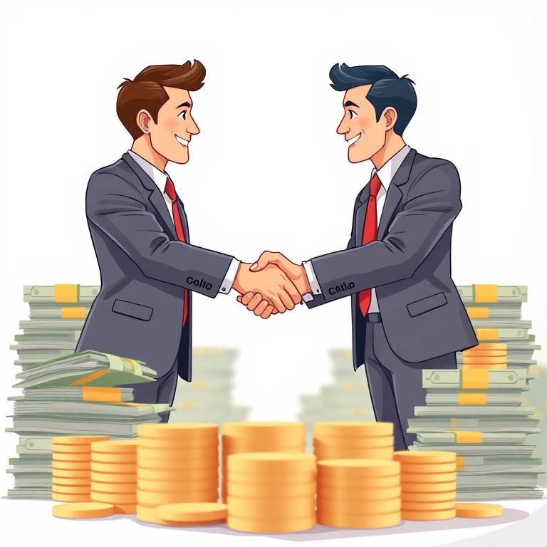 Generate an illustration of two businessmen shaking hands in front of stacks of cash and coins, use a soft pastel color palette, high resolution 300 DPI, shot with a 50mm lens at f/2.8 for a shallow depth of field, focused on the handshake with a blurred background, vector art style.