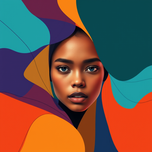 Generate an abstract portrait featuring bold colors and geometric shapes, focusing on a face surrounded by flowing lines; use a Canon EOS R5, aperture f/1.8, ISO 100, 50mm lens, natural lighting, high-resolution digital art style.