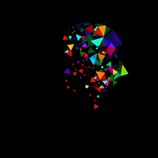 Create an abstract profile silhouette filled with colorful pixel-like shapes, use a 50mm lens, aperture f/1.8, ISO 200, shoot with a digital mirrorless camera from a side view at eye level for enhanced detail and clarity.