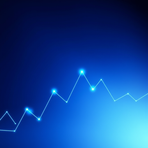 Create an abstract background with a gradient from deep blue to light blue, featuring a dynamic line graph with sharp peaks and troughs, illuminated with soft glowing dots at key points, captured with a DSLR camera using a 50mm lens, aperture set to f/1.8, ISO 100, and a focal length of 50mm, in a well-lit studio setting.