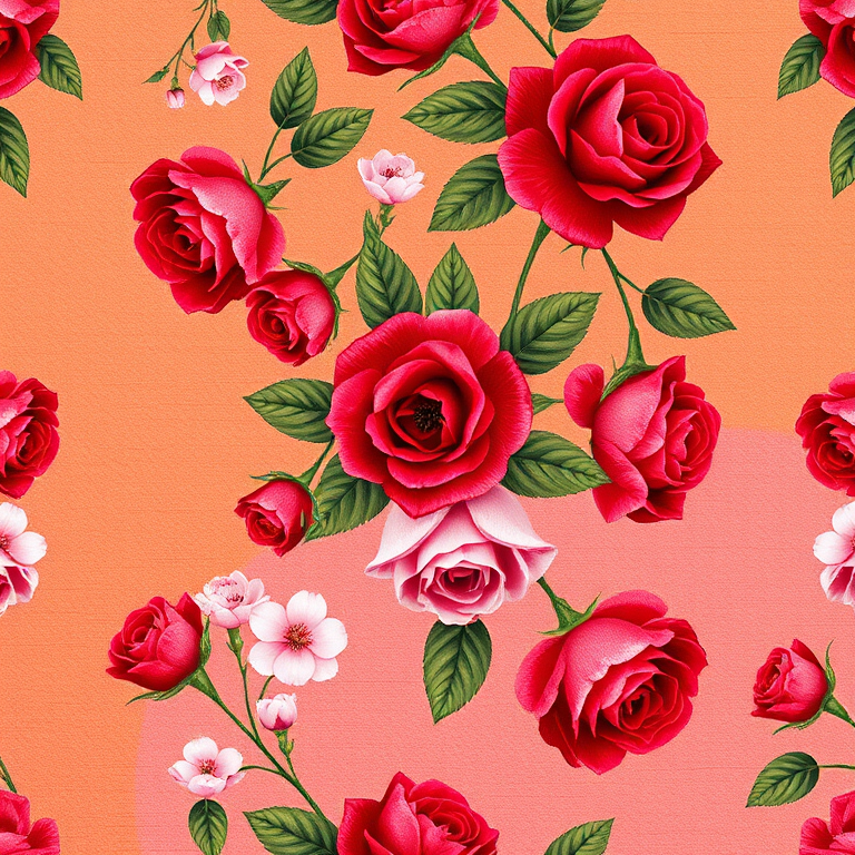 generate a repeating floral pattern with vibrant red roses and soft pink blossoms on a textured gradient background transitioning from orange to pink, high resolution, 50mm lens, f/2.8 aperture, ISO 100, top-down view, DSLR camera style