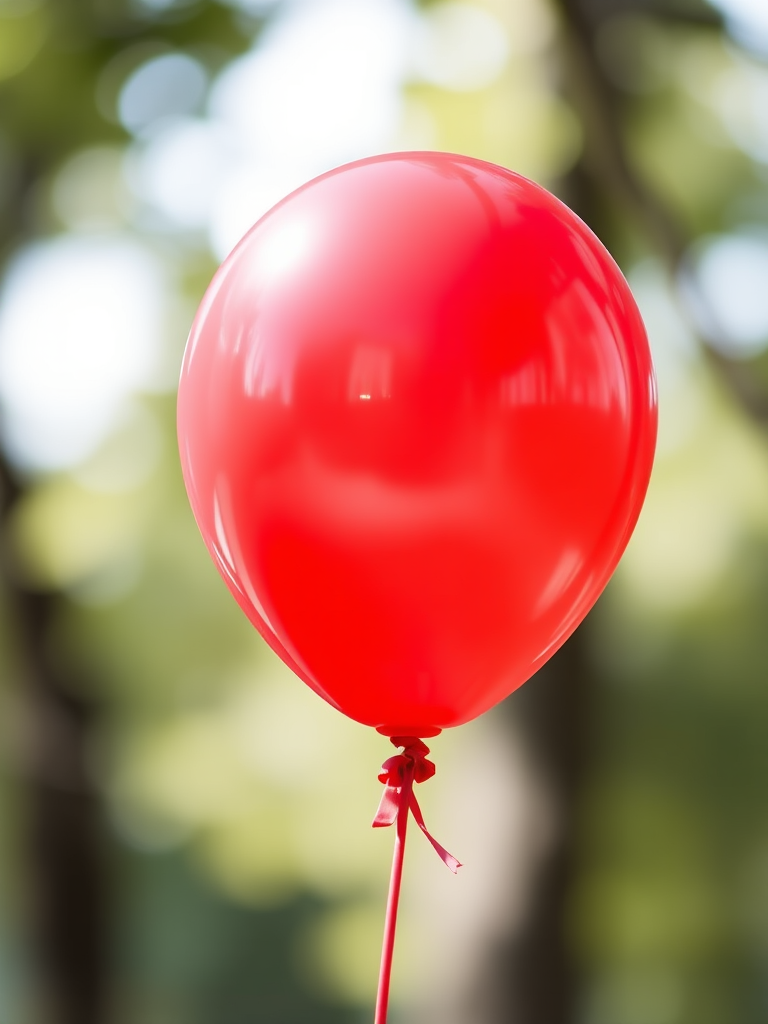 Regenerate a red balloon with a glossy surface, using a soft focus background, camera settings at f/2.8 for depth of field, 1/125 shutter speed, ISO 100, shot with a DSLR camera at a 50mm focal length, in natural light to enhance vibrancy and detail.