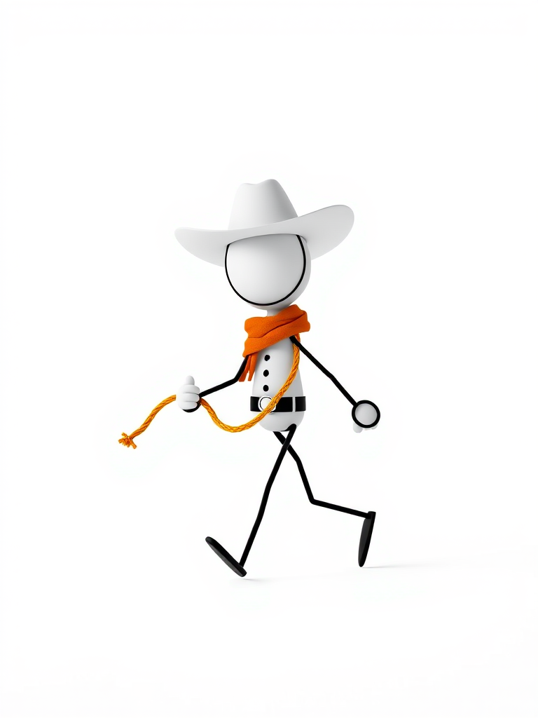 create an image of a 3D stick figure character wearing a cowboy hat and holding a lasso while walking on a plain white background, using a DSLR camera with a 50mm lens, aperture set at f/2.8, ISO 100, and high dynamic range settings to enhance the image quality and depth.