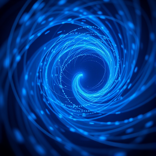 Create an abstract image of a swirling blue vortex with intricate light trails, captured with a Canon EOS R5, using a 35mm lens, f/1.8 aperture, ISO 100, at a shutter speed of 1/60s, in a macro photography style to enhance detail and clarity.