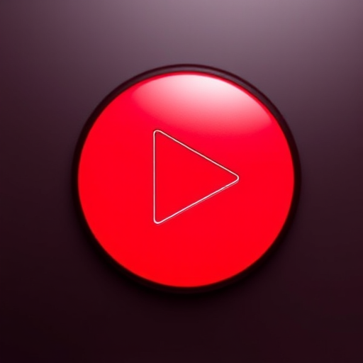 Create a high-resolution image of a red play button with a circular design, using a DSLR camera, 50mm lens, f/2.8 aperture, ISO 100, shot from a slightly elevated angle with a soft-focus background to enhance clarity and detail.