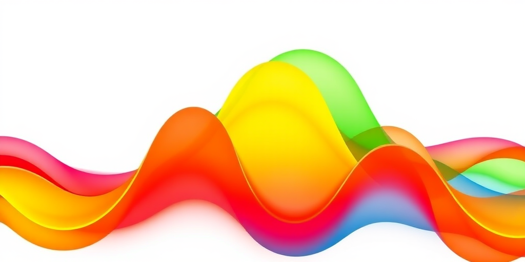 Generate a vibrant wave design with a spectrum of colors including red, orange, yellow, green, blue, and violet on a clean white background, using a DSLR camera with a 50mm lens at f/2.8, ISO 100, and a shallow depth of field to enhance detail and clarity.